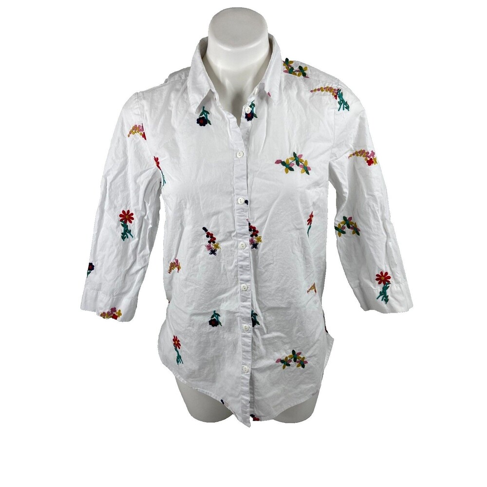 Faith & Zoe Women Small Button Front Blouse White Embroidered Flowers Casual